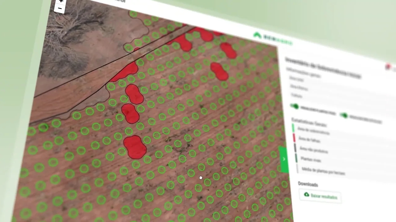 Tela do Early Control: mapa de um talhão de eucalipto com as mudas vivas marcadas em círculos verdes e as áreas de falha em vermelho, ao lado do painel de estatísticas.