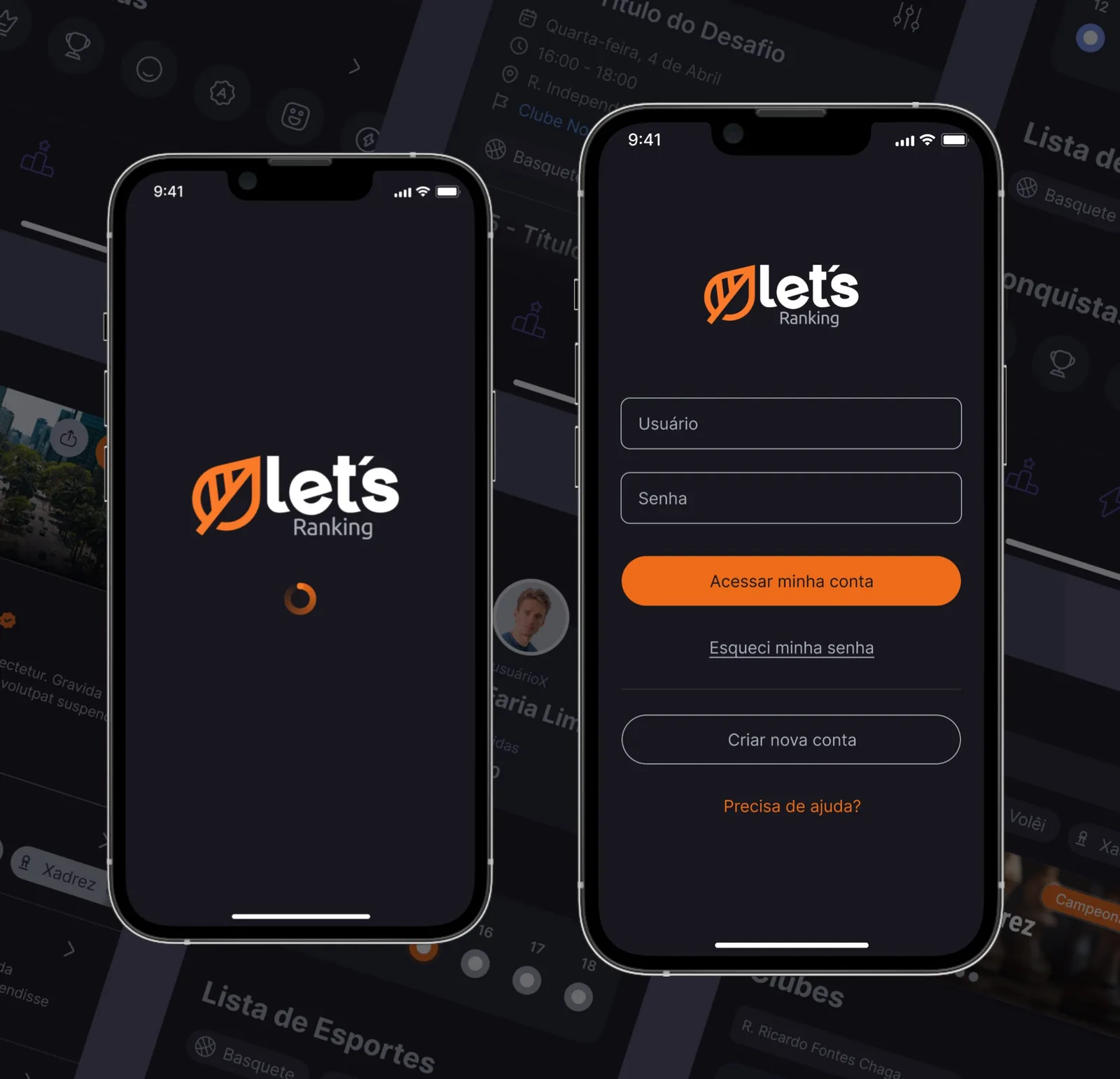 Protótipo final: abertura do app e login com a marca Let's Ranking em laranja sobre fundo escuro.