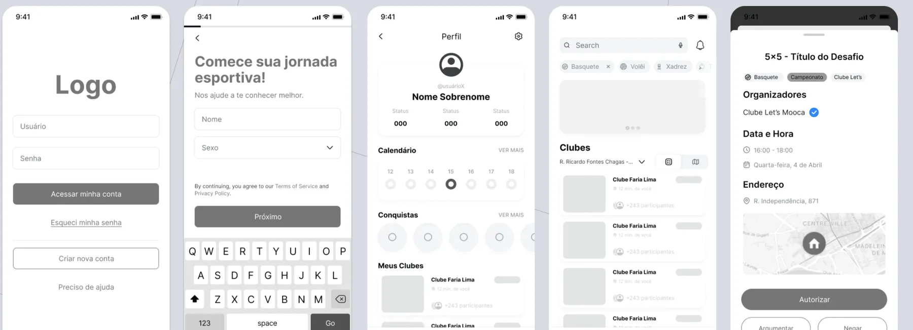 Wireframes de login, cadastro, perfil, busca de clubes e detalhe do desafio.