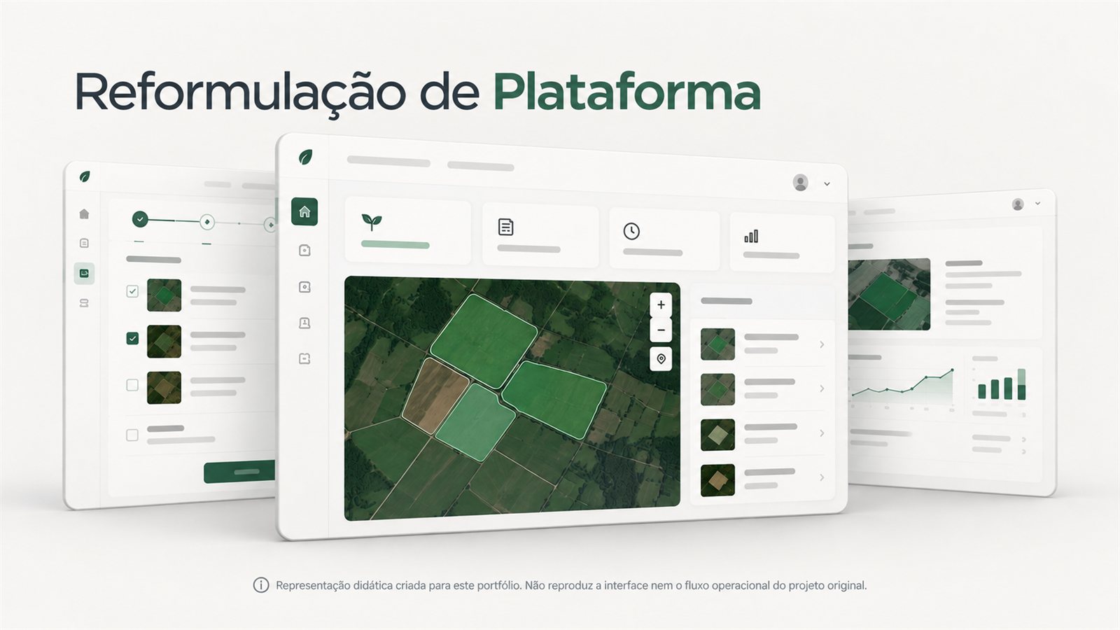 Ilustração didática da reformulação: telas genéricas de uma plataforma de gestão de áreas agrícolas, com mapa de áreas e relatórios.