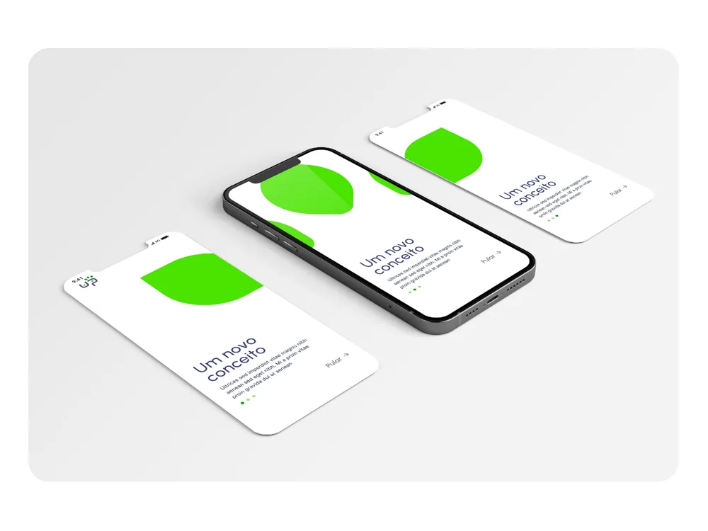 Celular e telas soltas do onboarding do app, com a folha verde e o título Um novo conceito.