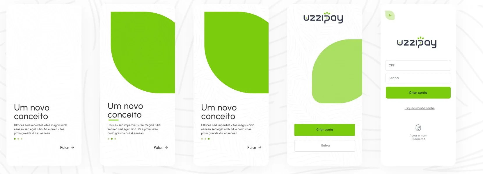 Cinco telas do app: três de onboarding com a folha verde, a de boas-vindas com Criar conta e Entrar, e a de login com CPF, senha e biometria.