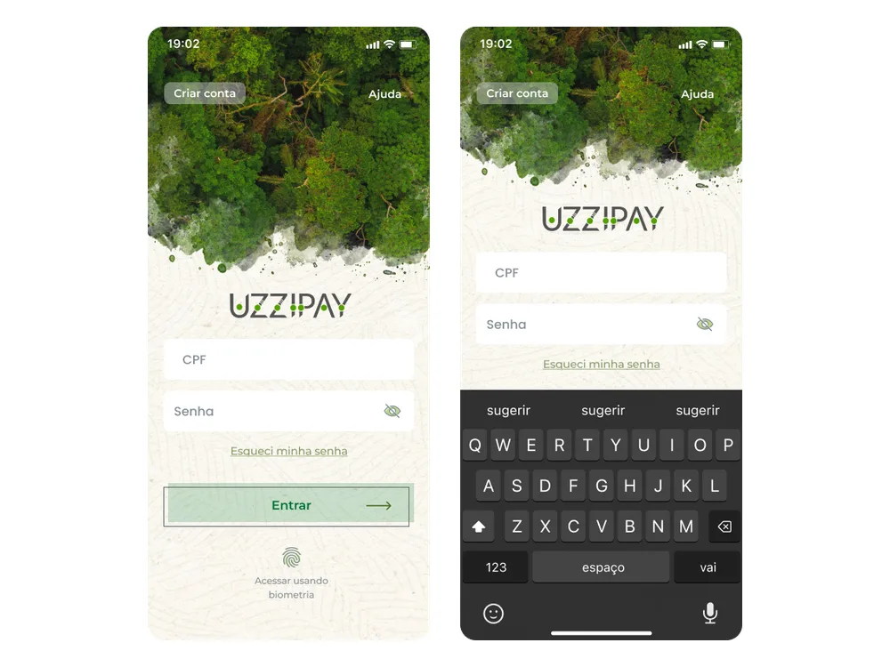 Duas telas de login do app pela diretriz local: a marca anterior sob uma foto aérea de floresta, com campos de CPF e senha.