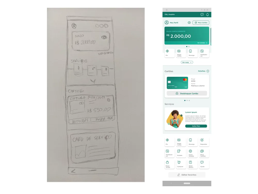 Esboço a lápis da home do app ao lado da tela desenhada a partir dele, com saldo, cartões e serviços.