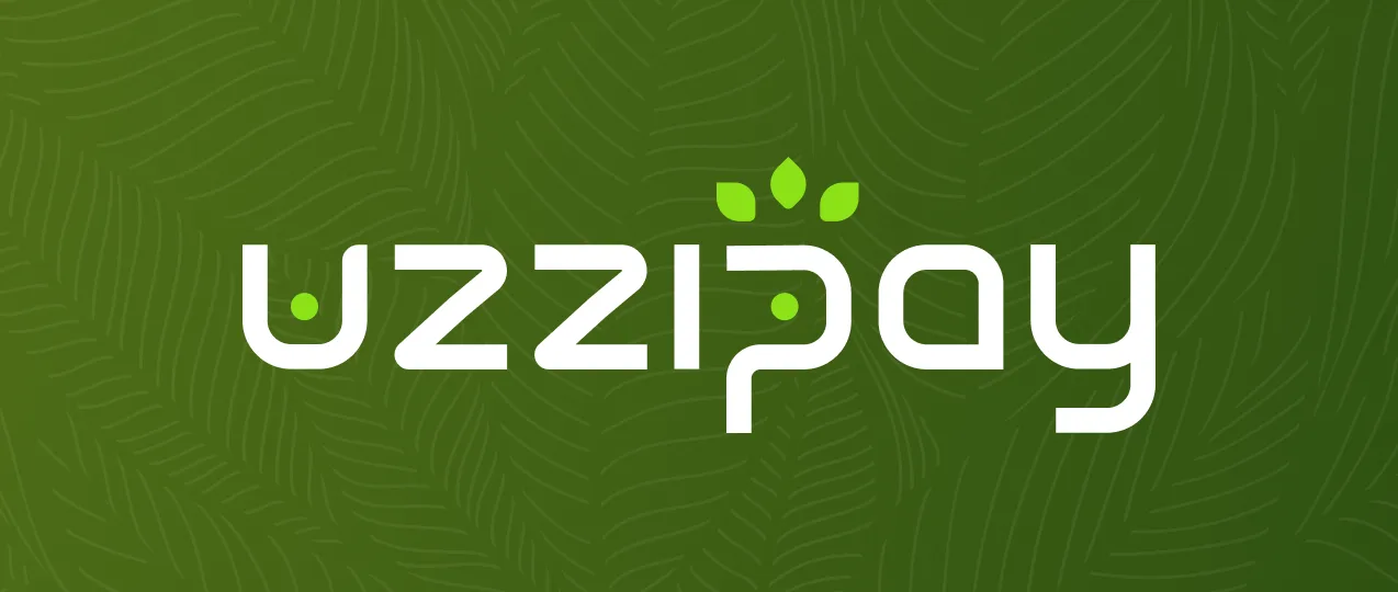 Nova marca da Uzzipay em branco sobre fundo verde com textura de folhas.