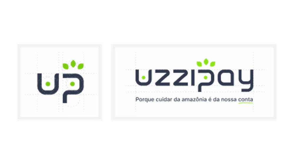 Monograma up e logotipo uzzipay com a assinatura, desenhados sobre linhas de grade.