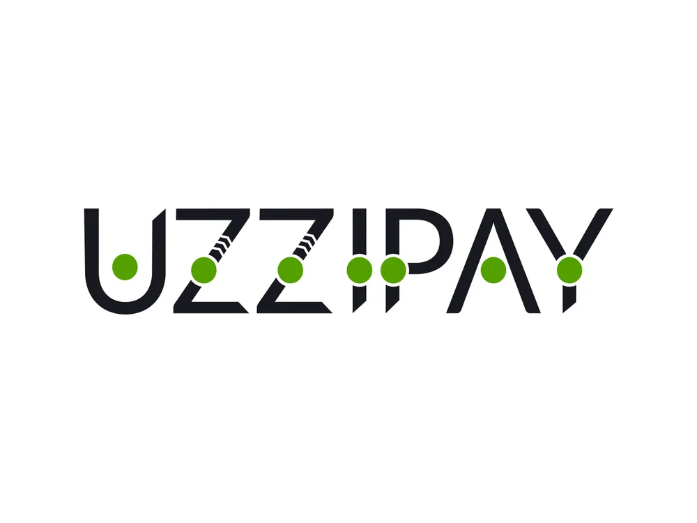 Marca anterior: UZZIPAY em caixa alta, com pontos verdes e traços finos.