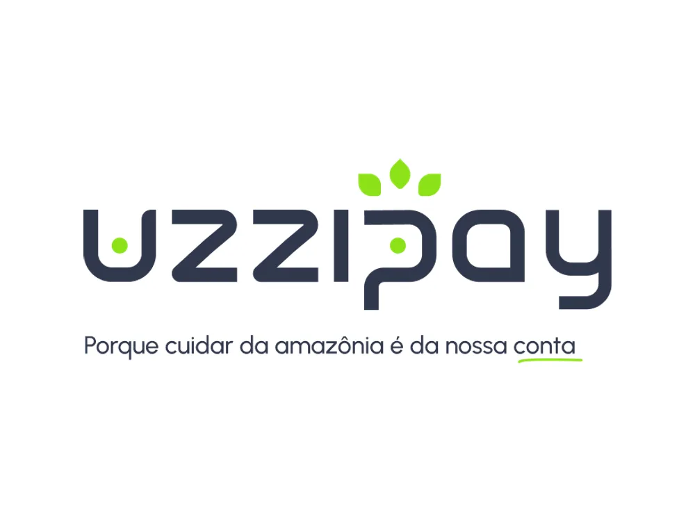 Nova marca: uzzipay em caixa baixa, com as três folhas sobre o p e a assinatura Porque cuidar da amazônia é da nossa conta.